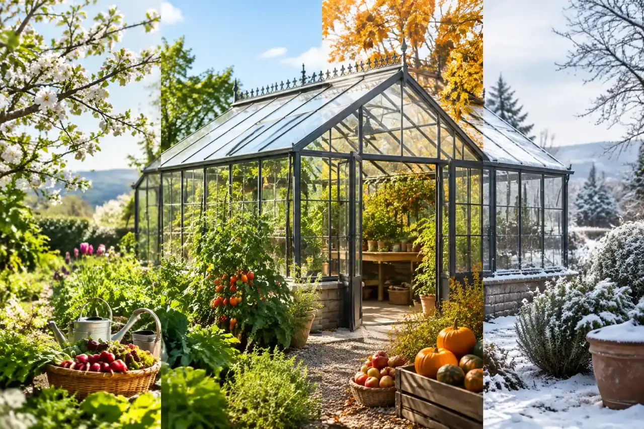 Serre vitrée élégante au cœur d'un jardin luxuriant, avec des plantes cultivées toute l'année