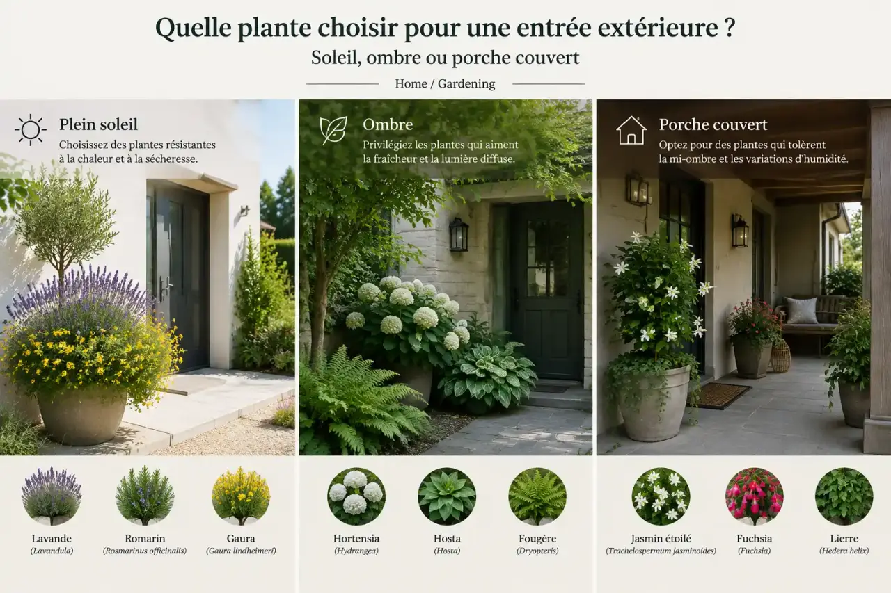 Quelle plante choisir pour une entrée extérieure : soleil, ombre ou porche couvert ?