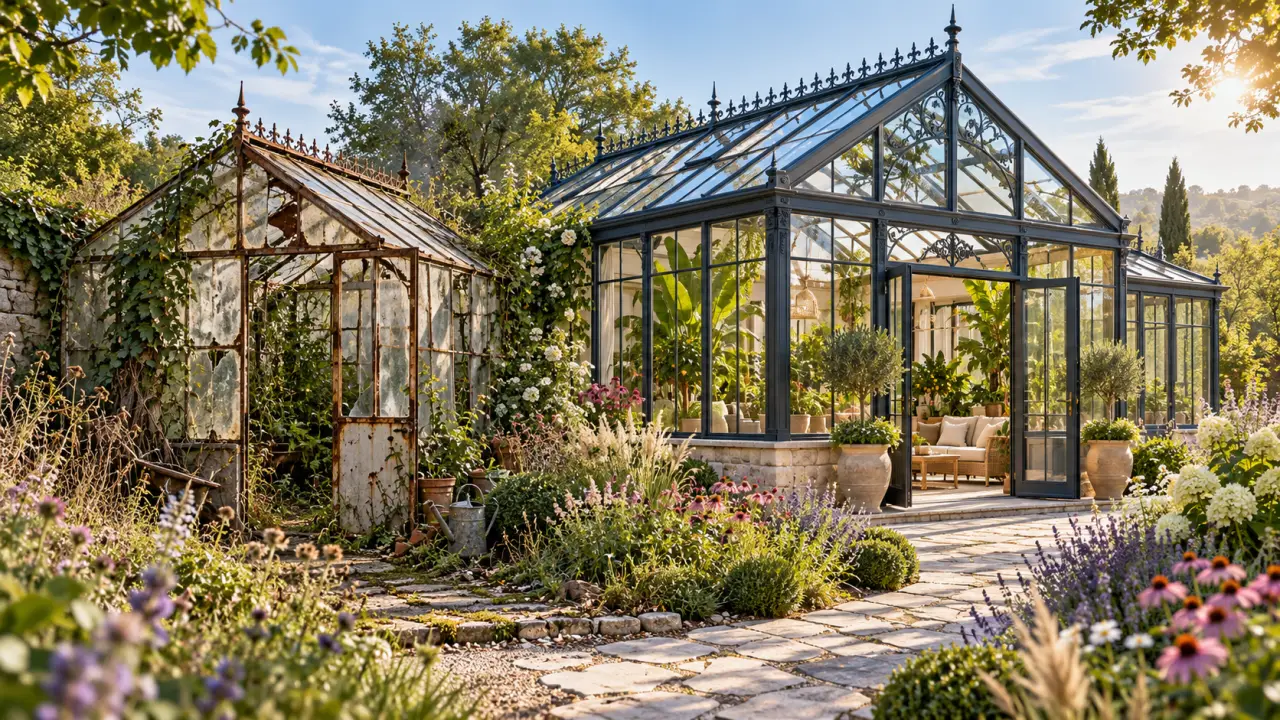 Transformation d'une ancienne serre en jardin d'hiver lumineux et élégant