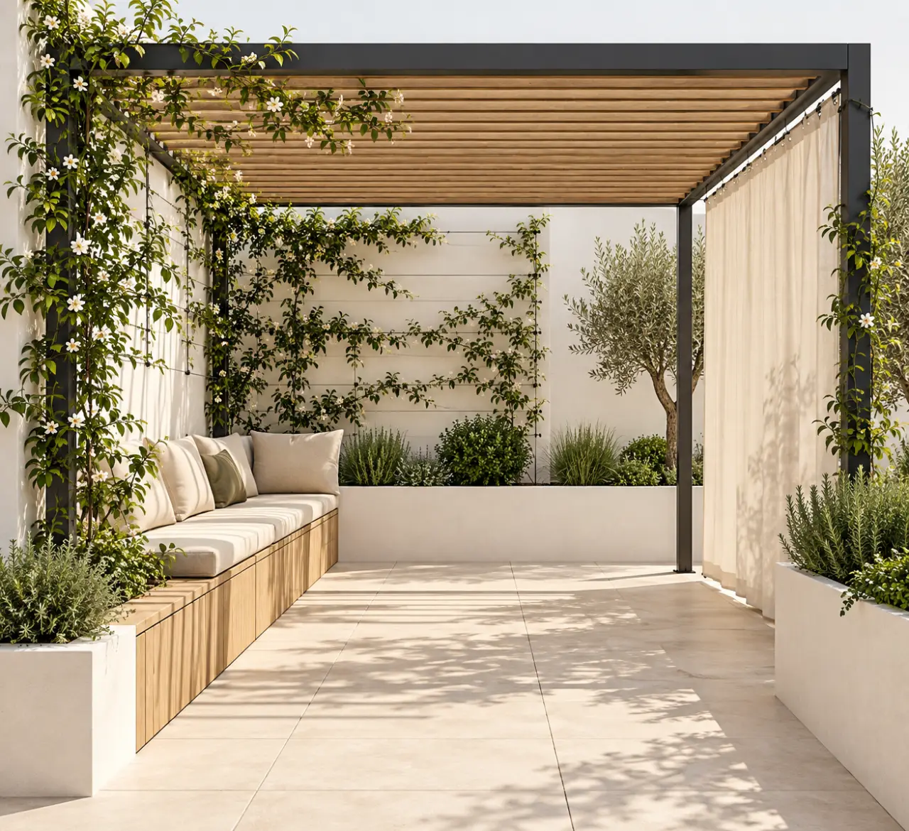 Décoration pergola extérieur pour petit espace avec banc compact, rideau et plantes grimpantes
