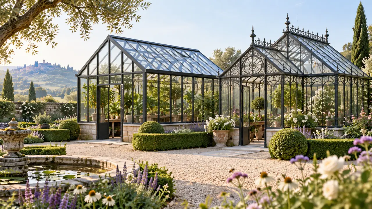 Serre élégante en verre dans un jardin paysager, avec structure en aluminium ou en acier forgé