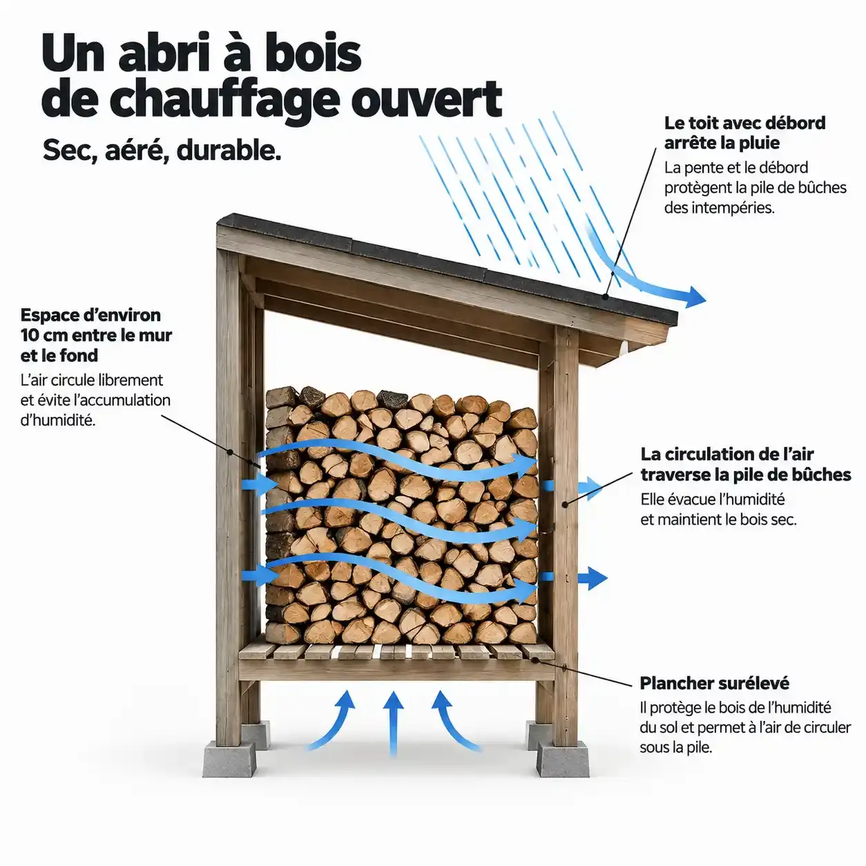 Schéma du fonctionnement d'un abri bois de chauffage : toit, plancher surélevé et circulation de l'air autour des bûches
