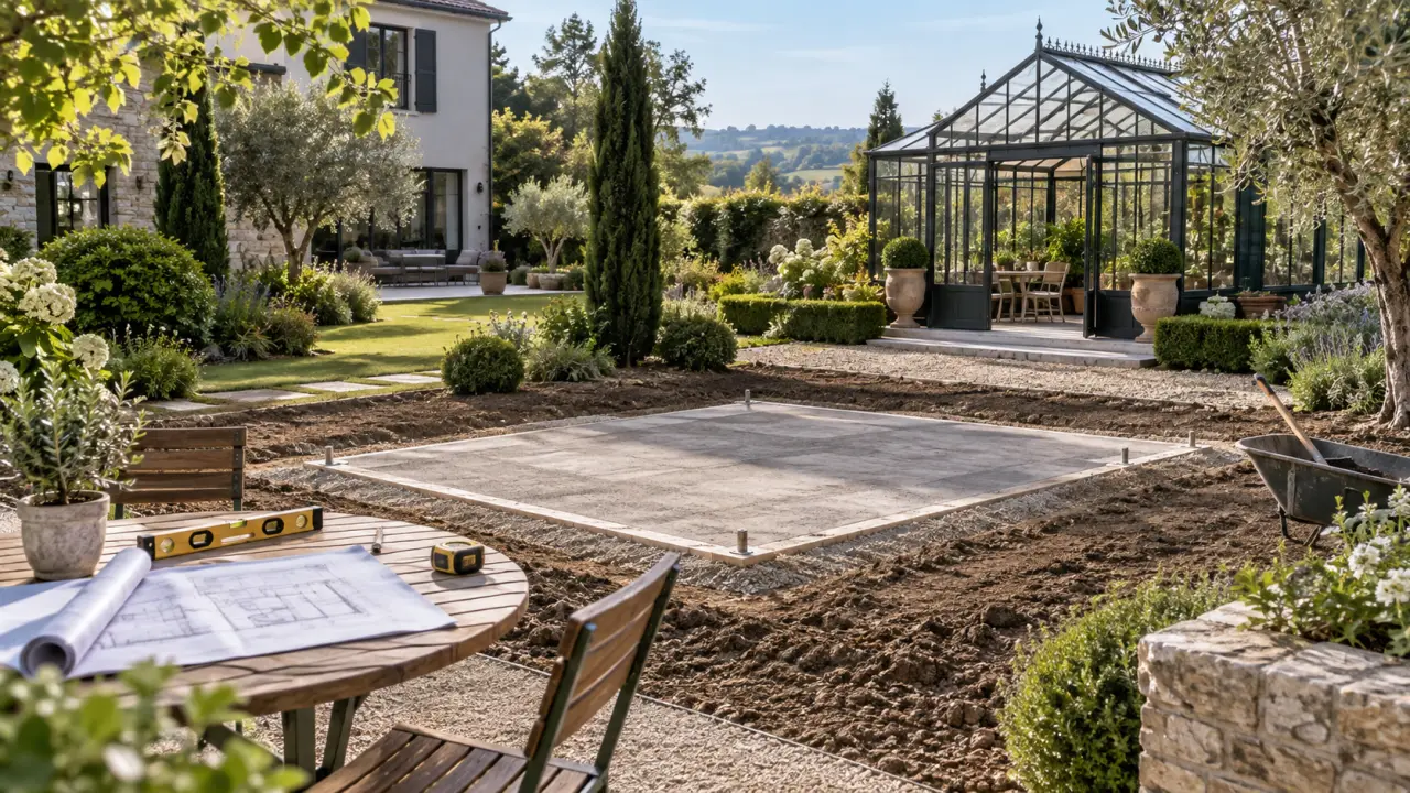 Serre quatre saisons en verre intégrée dans un jardin paysager