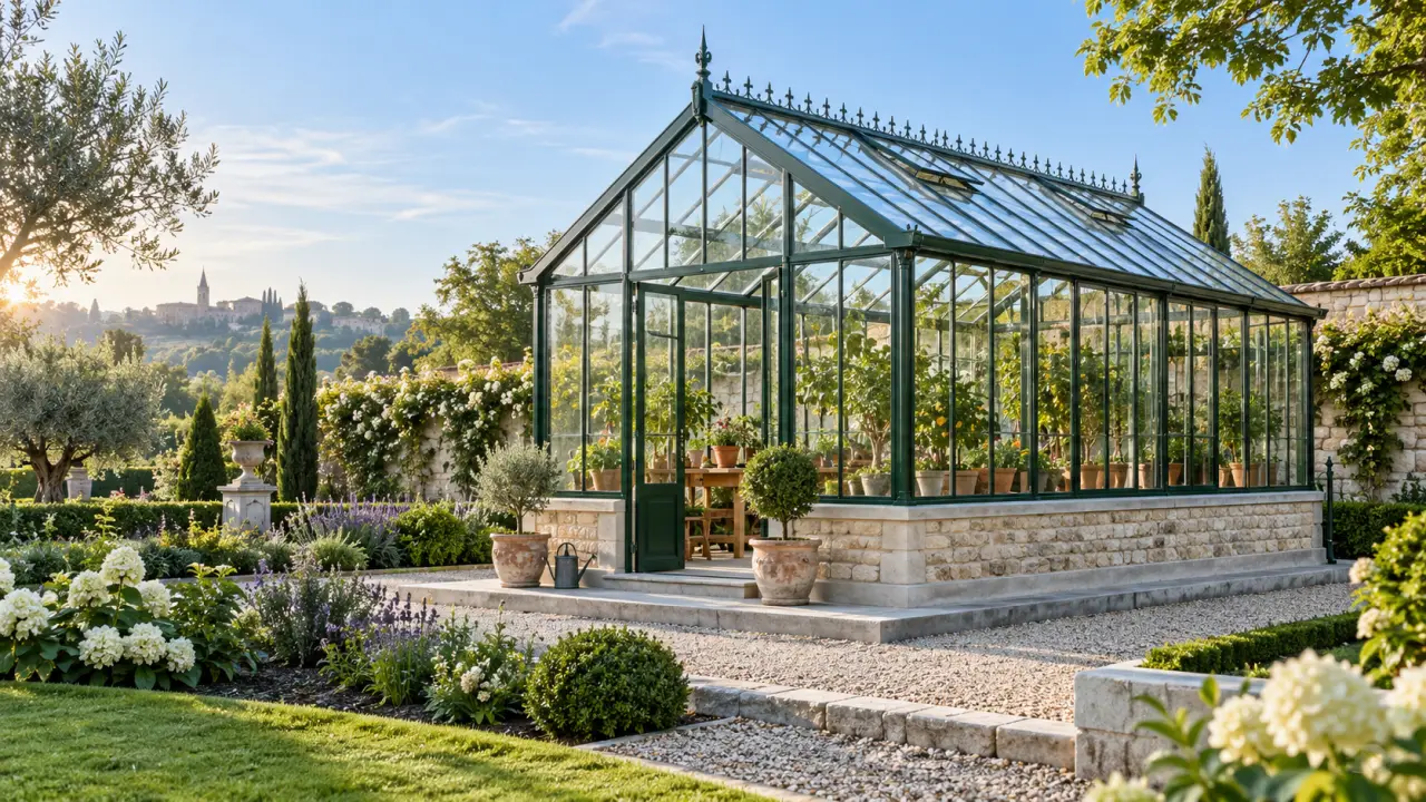 Serre en verre élégante installée dans un jardin paysager