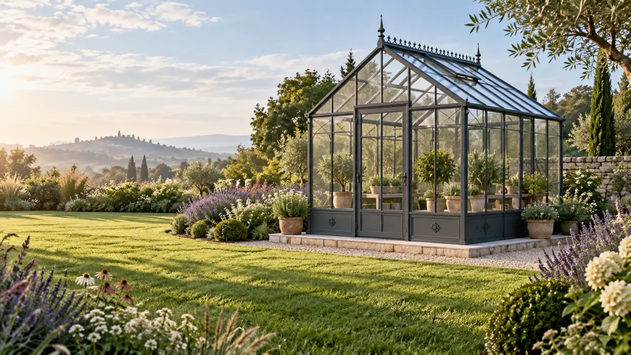 Serre en verre élégante installée dans un jardin paysager