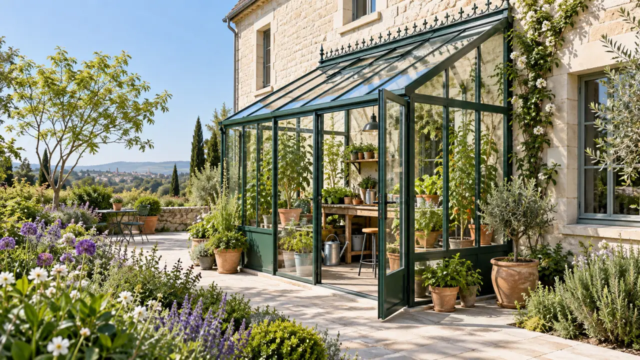 Serre adossée en verre et aluminium intégrée à une maison et un jardin paysager