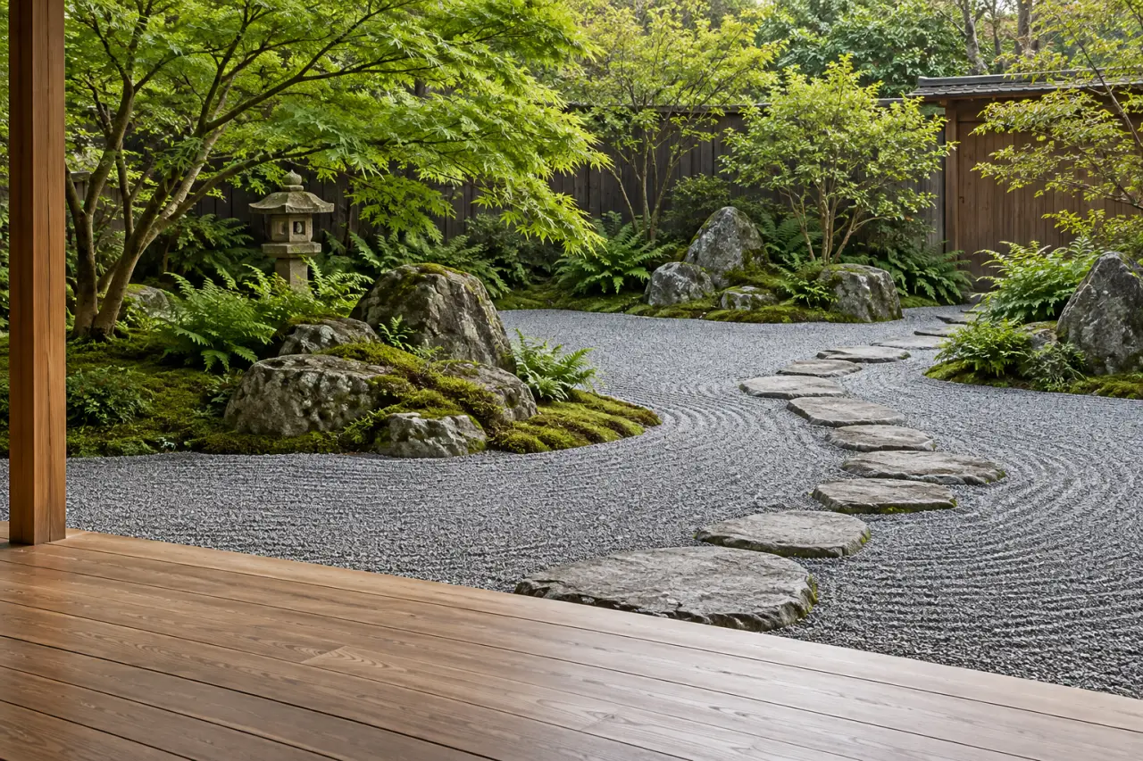 Décoration pour jardin japonais avec lanterne, roches, pas japonais et érable dans un petit espace