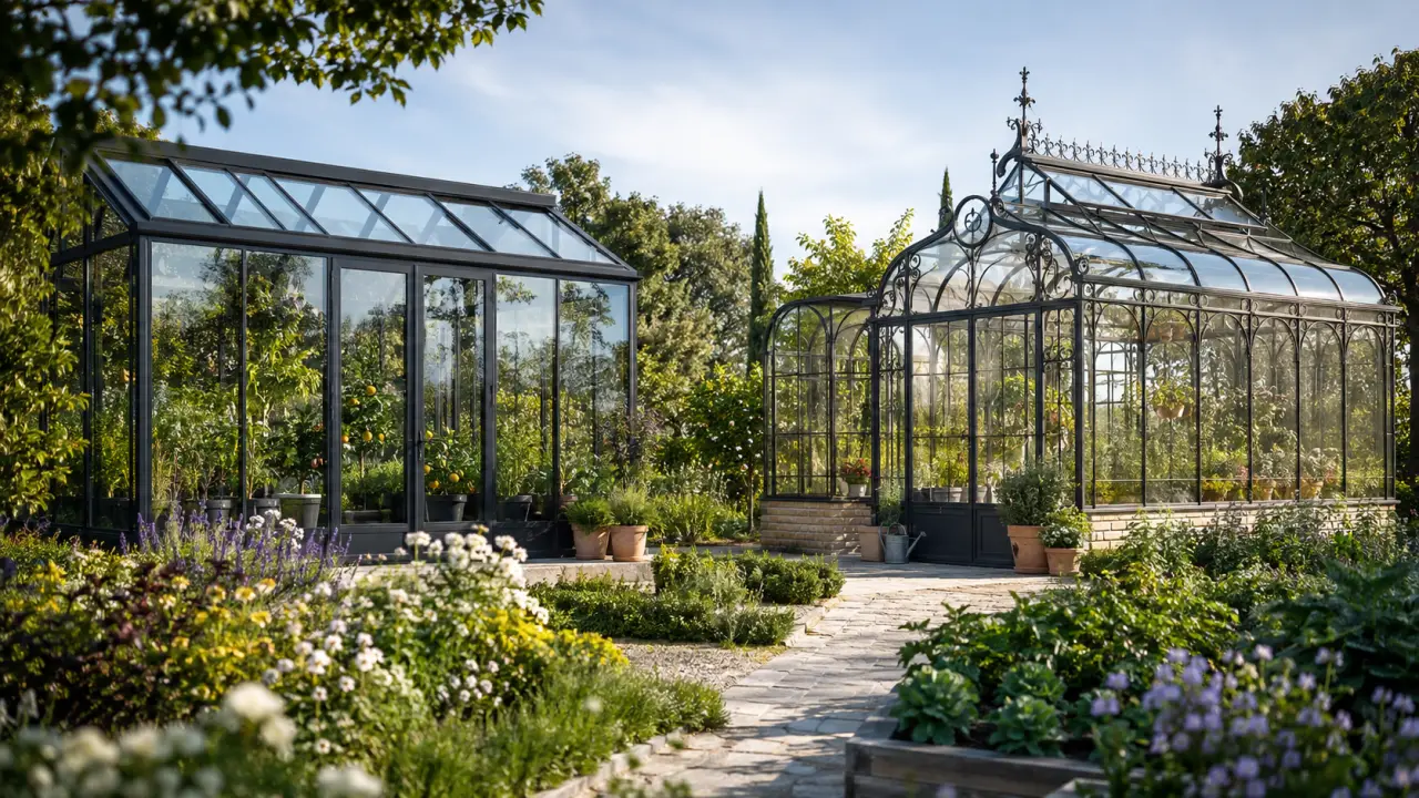 Serre élégante en verre dans un jardin paysager, comparaison entre aluminium et acier forgé