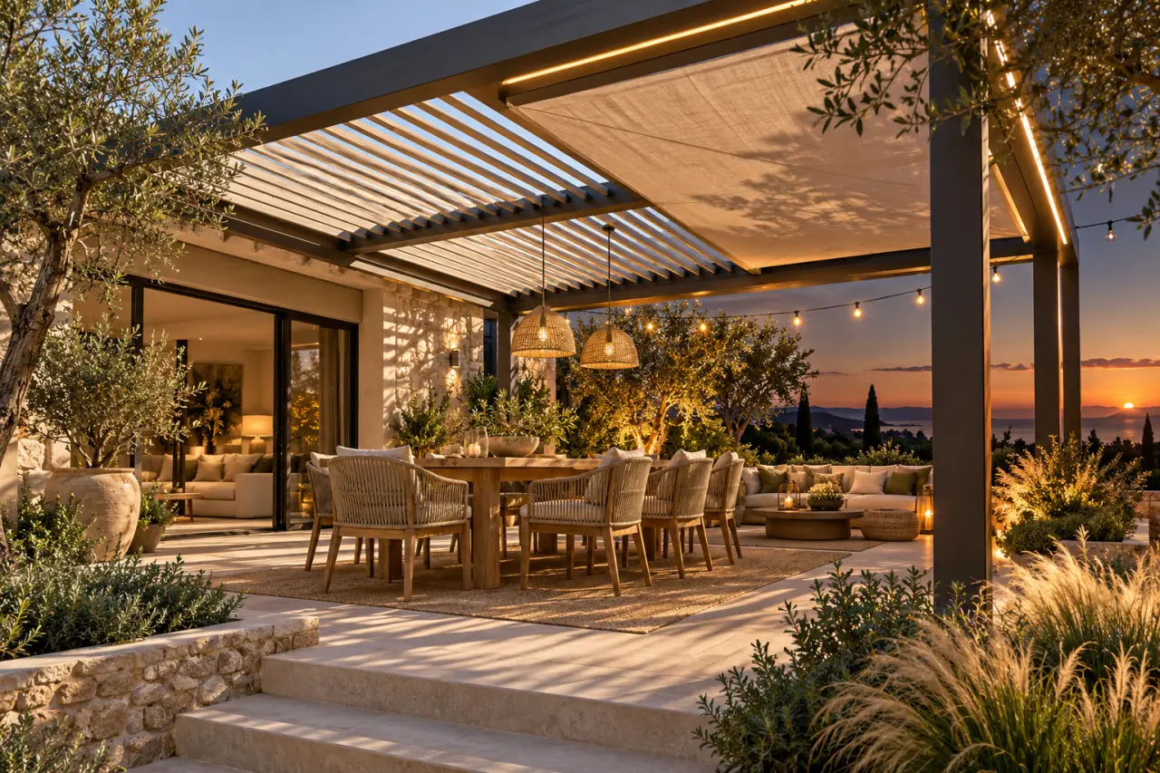 Décoration de pergola extérieure : de l’ombre le jour, un cocon lumineux le soir