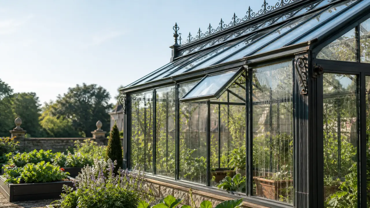 Serre élégante en verre et métal dans un jardin lumineux