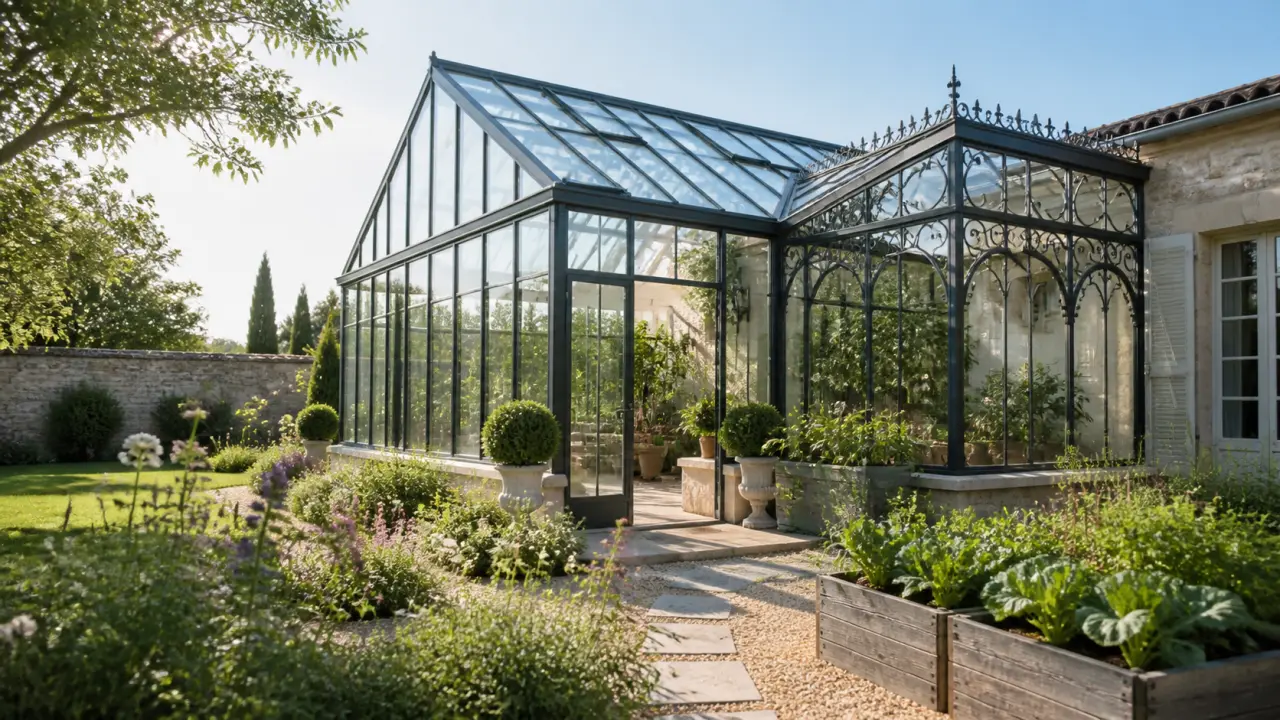 Serre élégante en verre intégrée dans un jardin raffiné