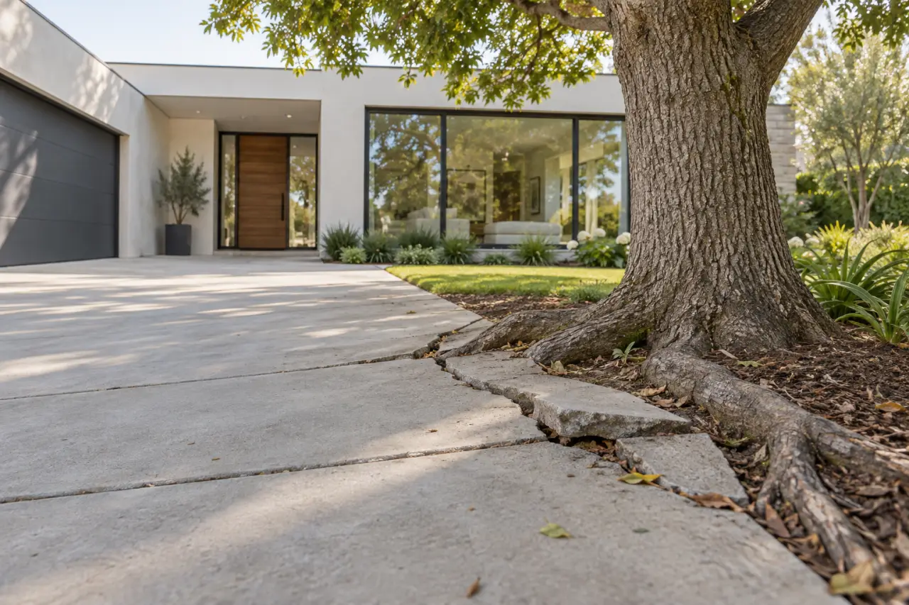 Arbre devant une maison moderne : la mauvaise distance peut abîmer l’allée