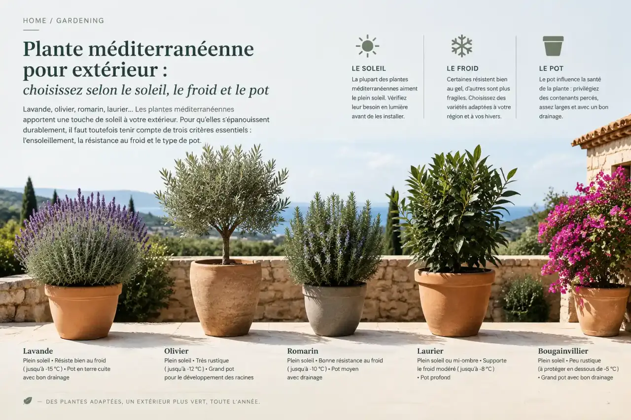 Plante méditerranéenne pour extérieur : choisissez selon le soleil, le froid et le pot