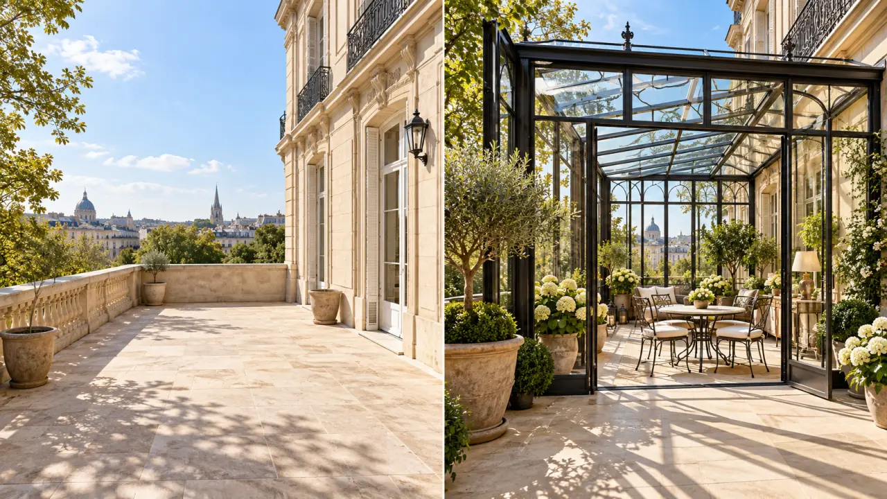 Transformation d'une terrasse nue en serre élégante en verre et aluminium