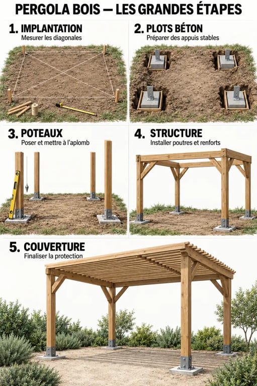 Étapes de construction d’une pergola bois faite maison dans un jardin