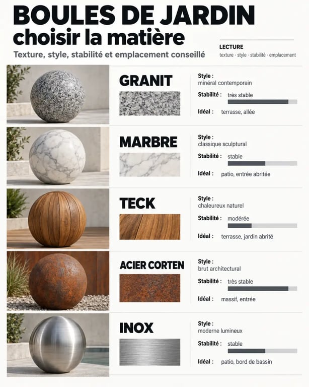 Infographie comparative des matières pour une boule décoration jardin extérieur