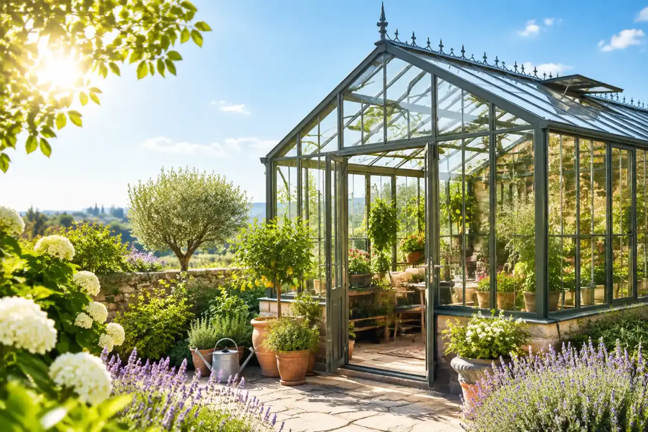 Serre en verre élégante intégrée dans un jardin verdoyant en été