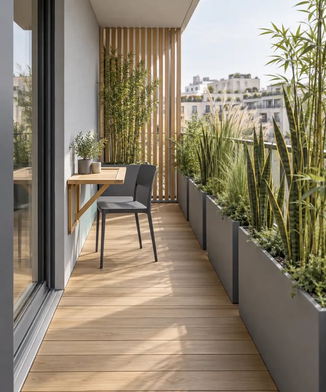 Décoration jardin moderne sur balcon avec bacs étroits, claustra et plantes graphiques