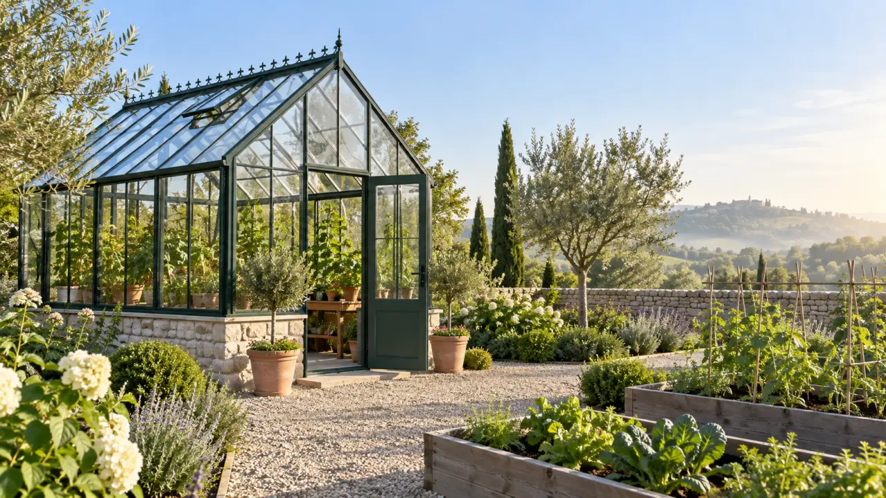 Serre élégante en verre installée dans un jardin paysager