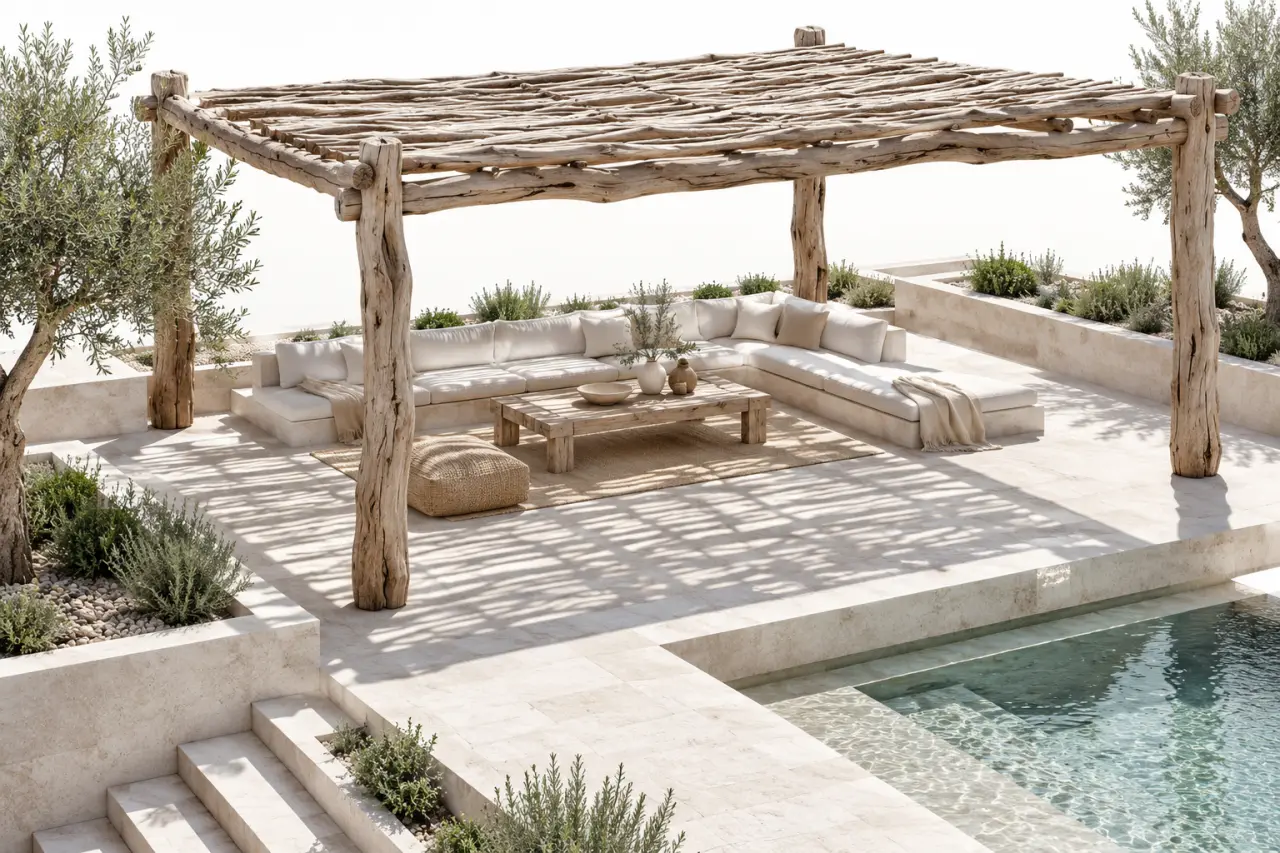 Pergola bois flotté installée dans un jardin avec espace ombragé et mobilier extérieur