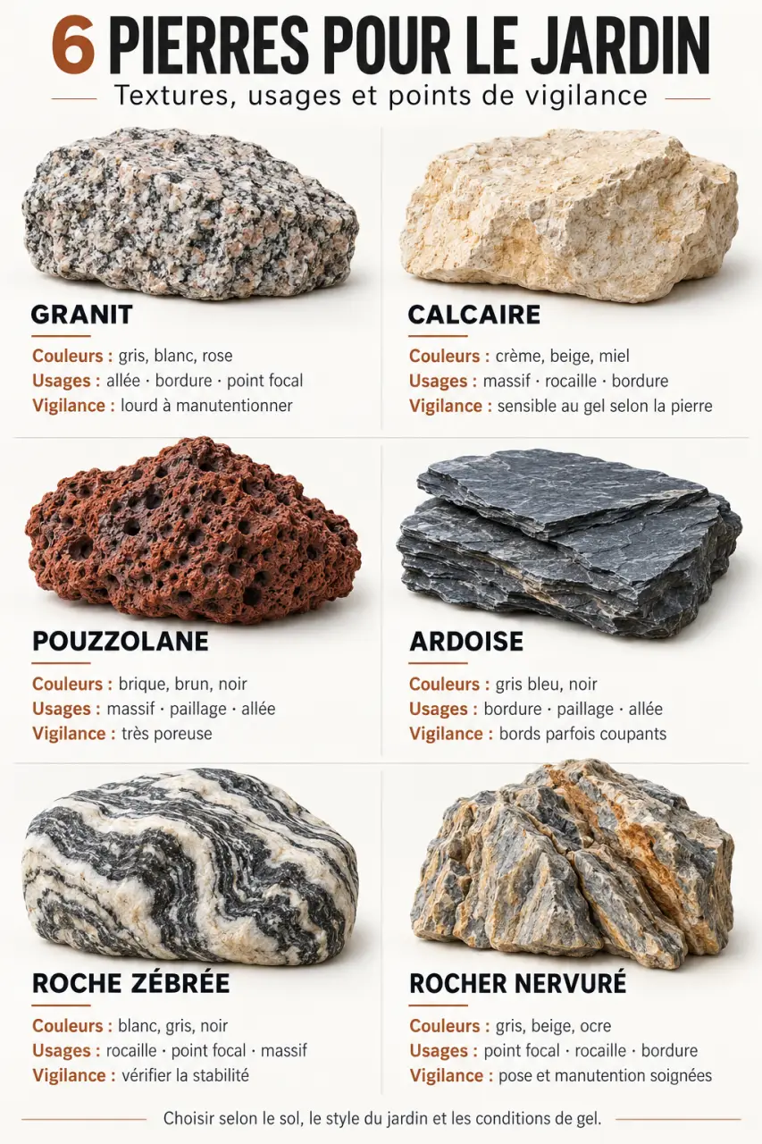 Comparatif visuel des pierres de décoration jardin selon leur couleur, texture et usage
