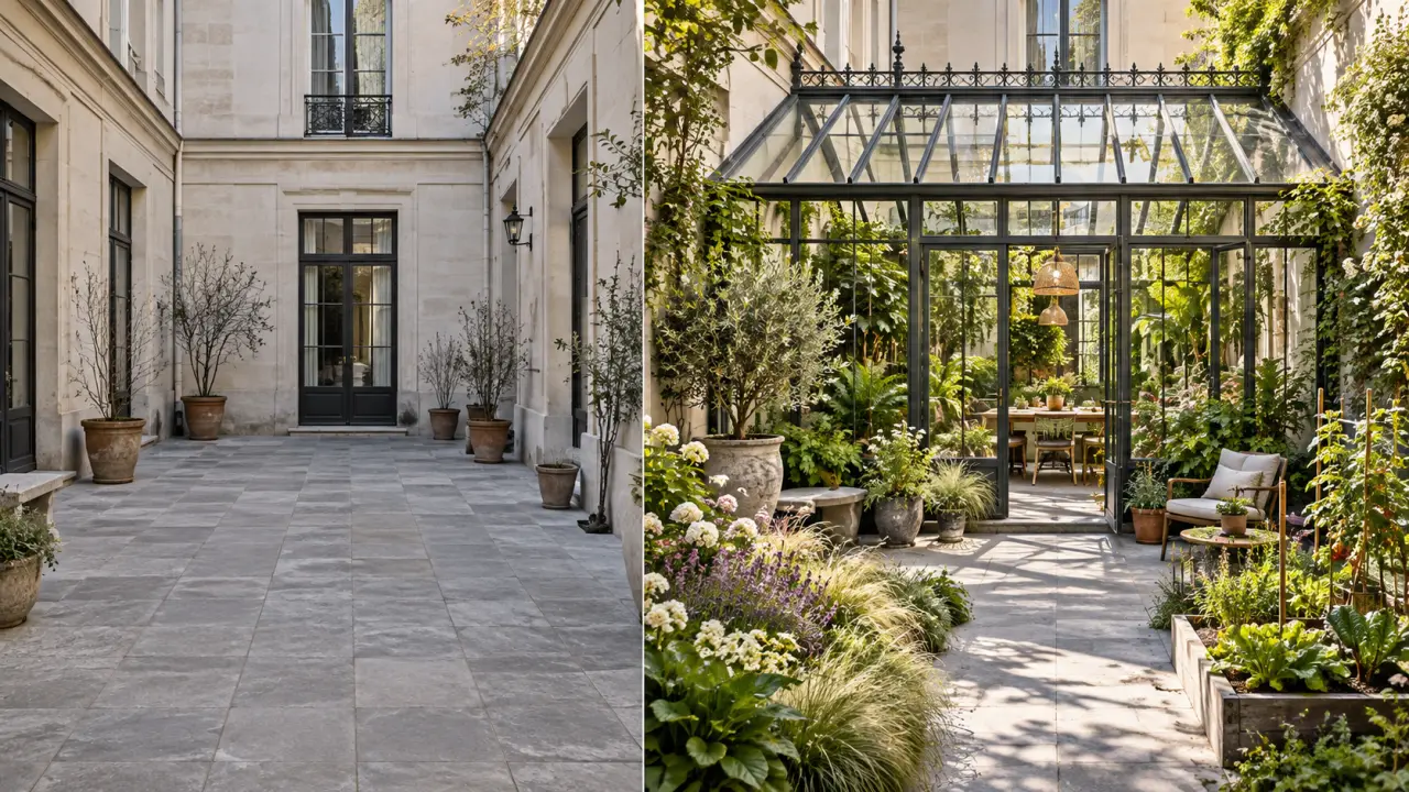 Serre-jardin en verre intégrée dans une cour végétalisée après transformation