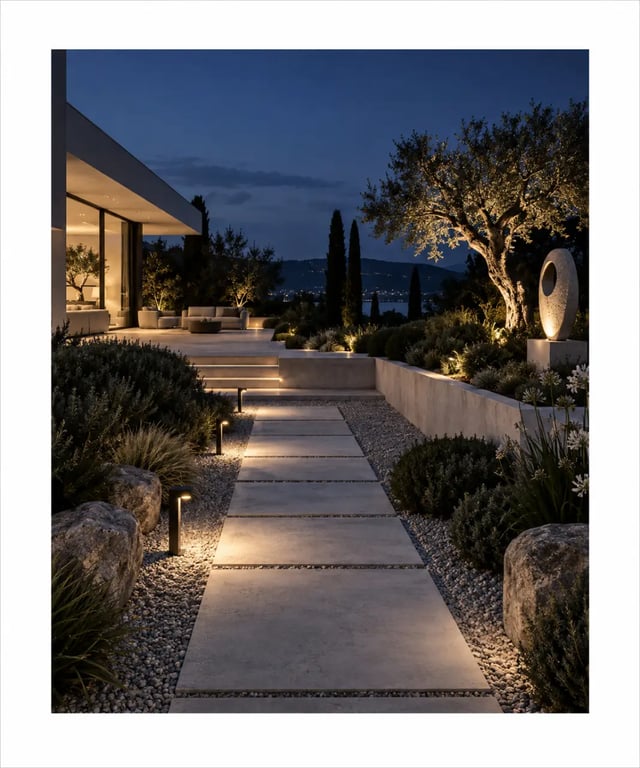 Décoration jardin moderne éclairée par des bornes lumineuses et un éclairage d'accent