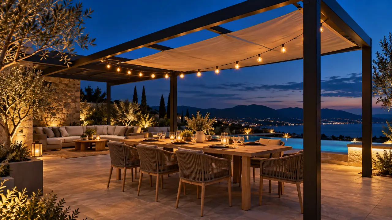 Décoration pergola extérieur éclairée par une guirlande LED au-dessus de la table