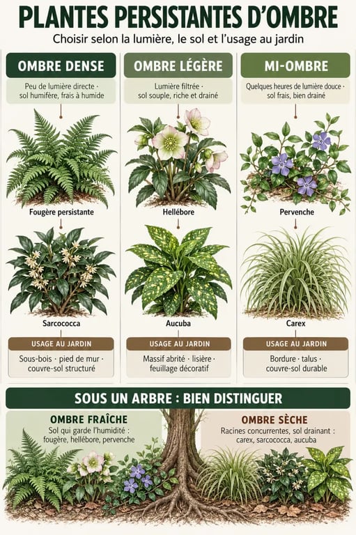 Infographie sur les plantes extérieures persistantes d’ombre selon l’exposition et le type de sol