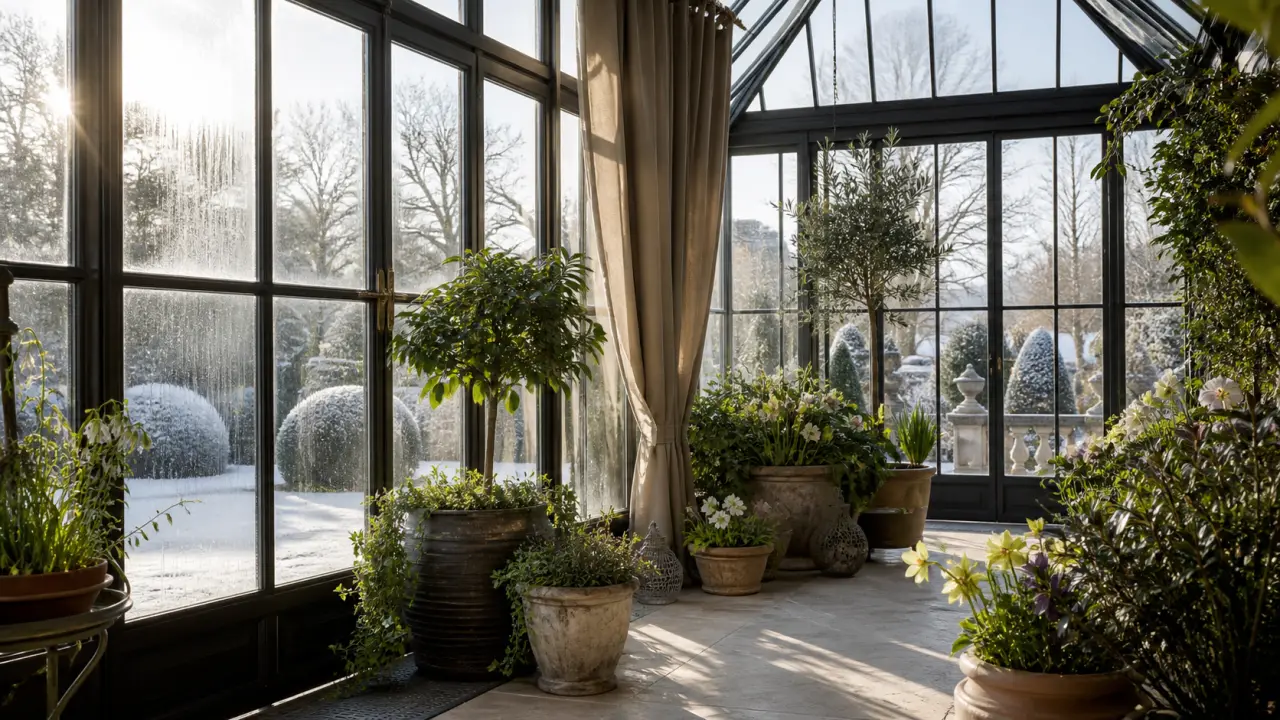 Serre d'hiver lumineuse avec verre clair et végétation élégante