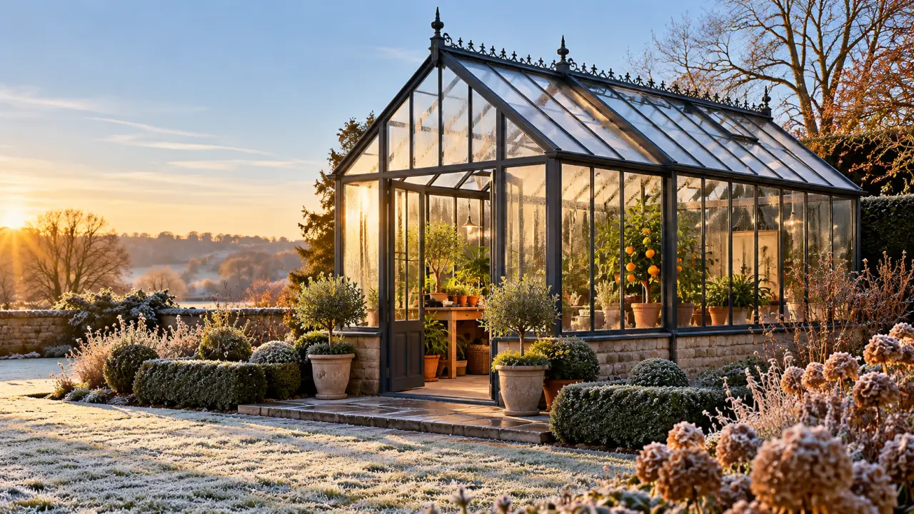 Serre en verre élégante dans un jardin en hiver