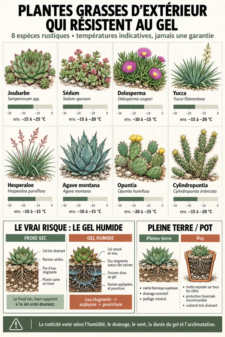 Infographie des plantes grasses extérieur qui ne gèlent pas, avec rusticité indicative et conseils contre le gel humide
