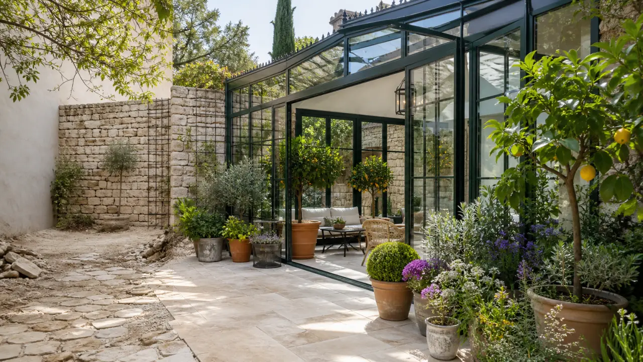 Serre aluminium-verre lumineuse transformant un patio brut en espace de vie élégant