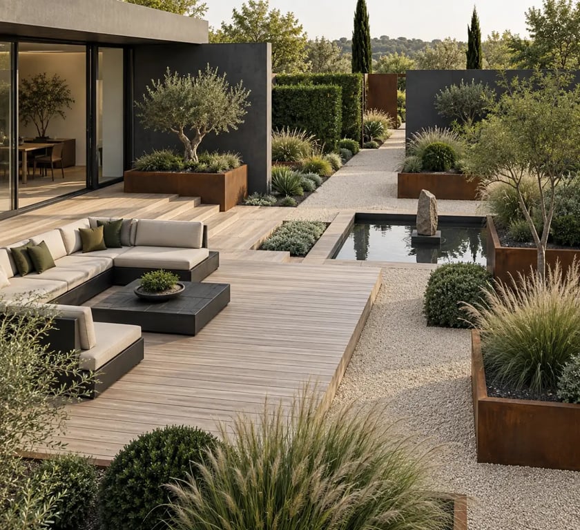 Décoration jardin moderne avec terrasse en bois, jardinières en acier corten et graminées