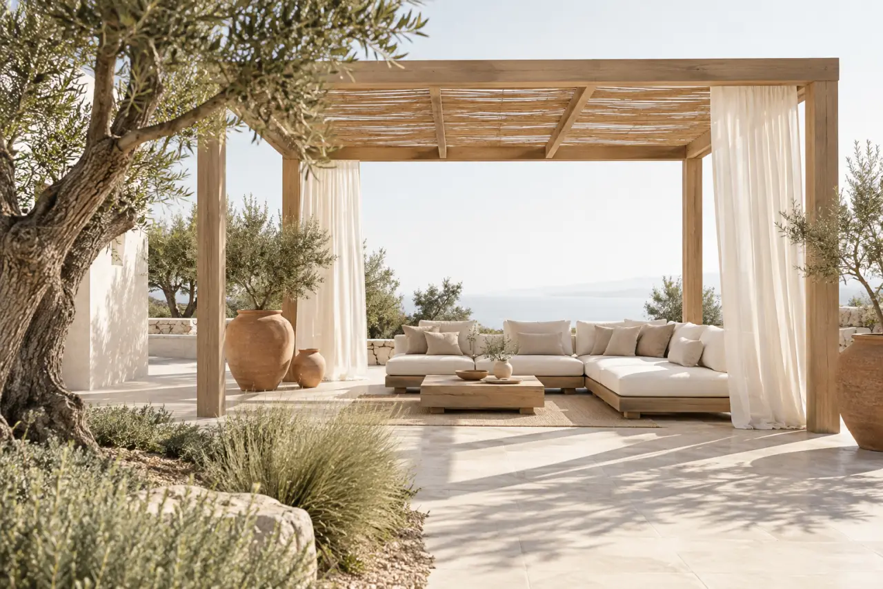 Décoration pergola extérieur de style méditerranéen avec pots en terre cuite et textiles écrus