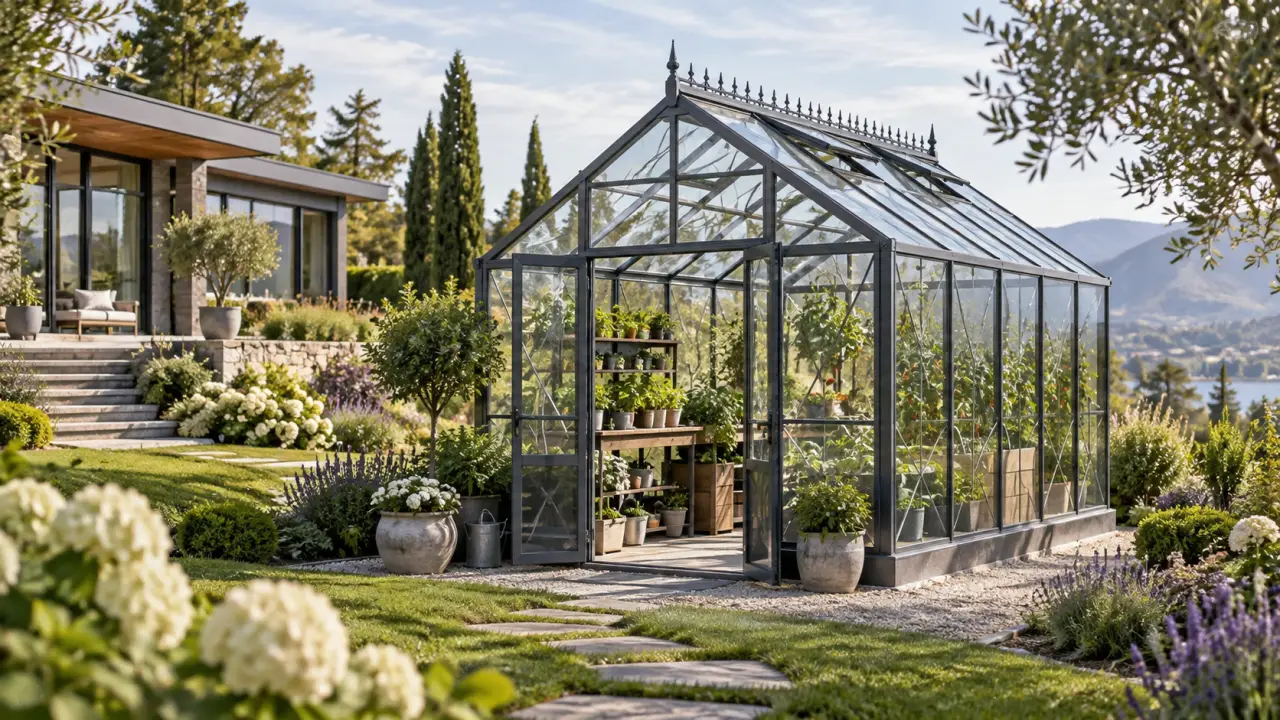 Serre en aluminium thermolaqué installée dans un jardin paysager