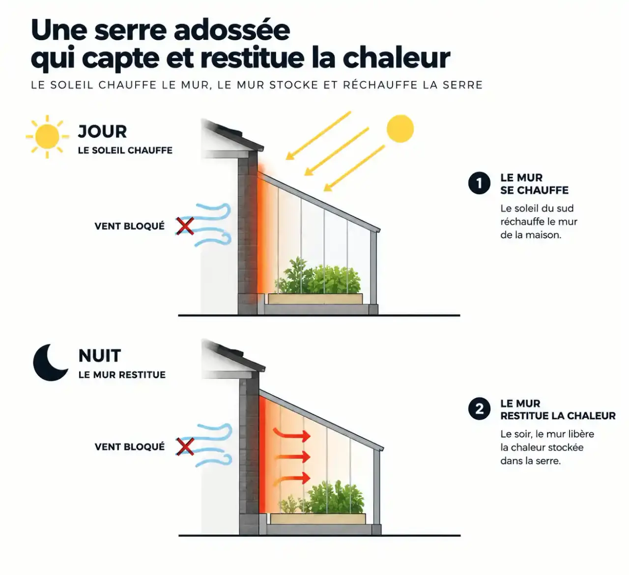Schéma d'une serre adossée verre contre un mur : inertie thermique, chaleur restituée le soir et protection contre le vent