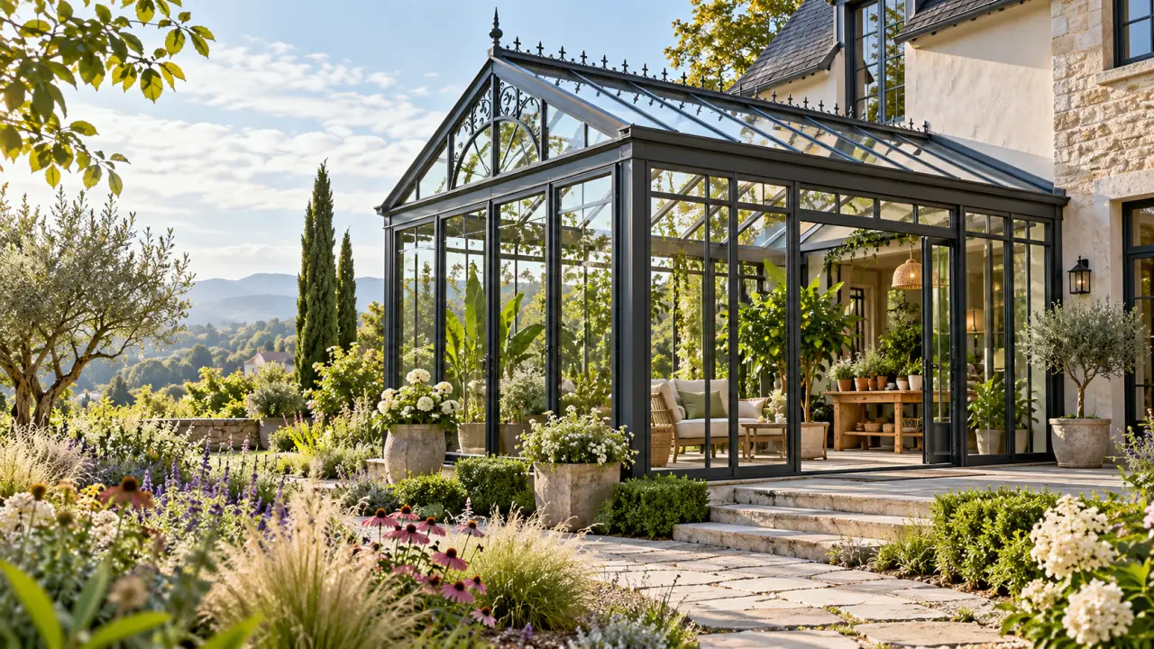 Jardin d’hiver élégant en verre intégré dans un jardin paysager