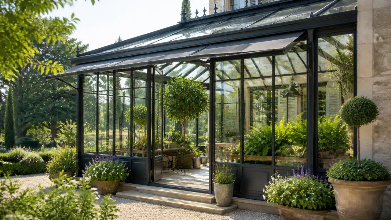 Jardin d’hiver élégant baigné de lumière, avec structure raffinée et végétation luxuriante