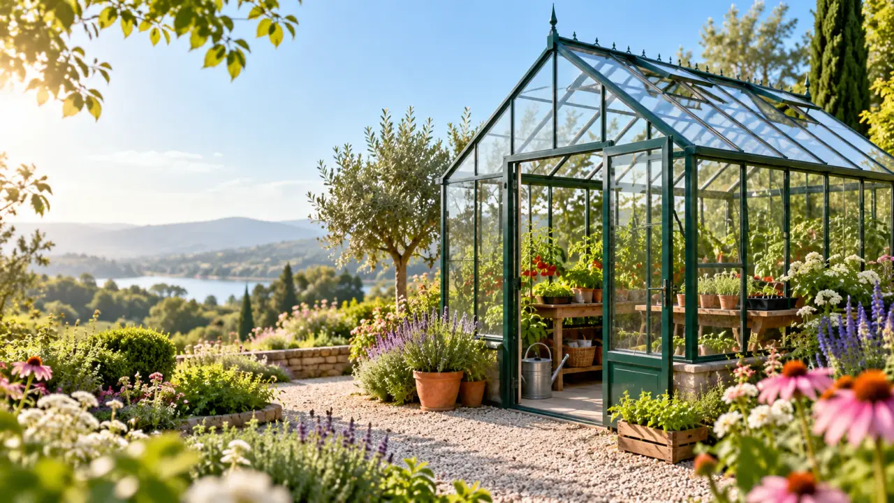 Serre de jardin élégante en verre et métal, intégrée à un jardin verdoyant