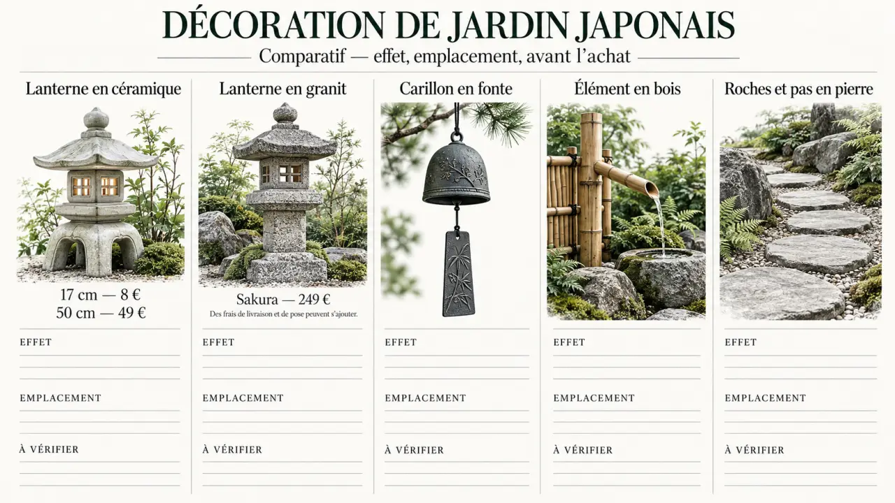 Infographie des accessoires et matériaux pour une décoration pour jardin japonais