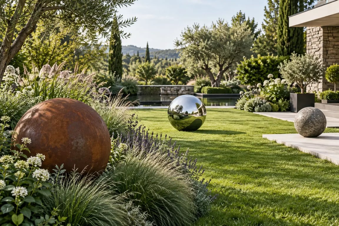 Mises en situation d'une boule décoration jardin extérieur dans un massif, sur une pelouse et près d'une terrasse