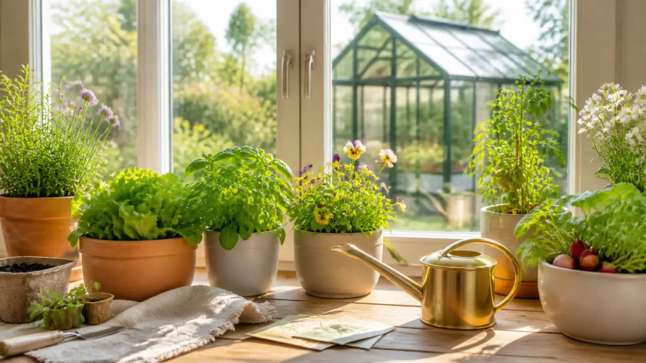 Potager de fenêtre élégant avec herbes aromatiques et jeunes pousses en lumière naturelle