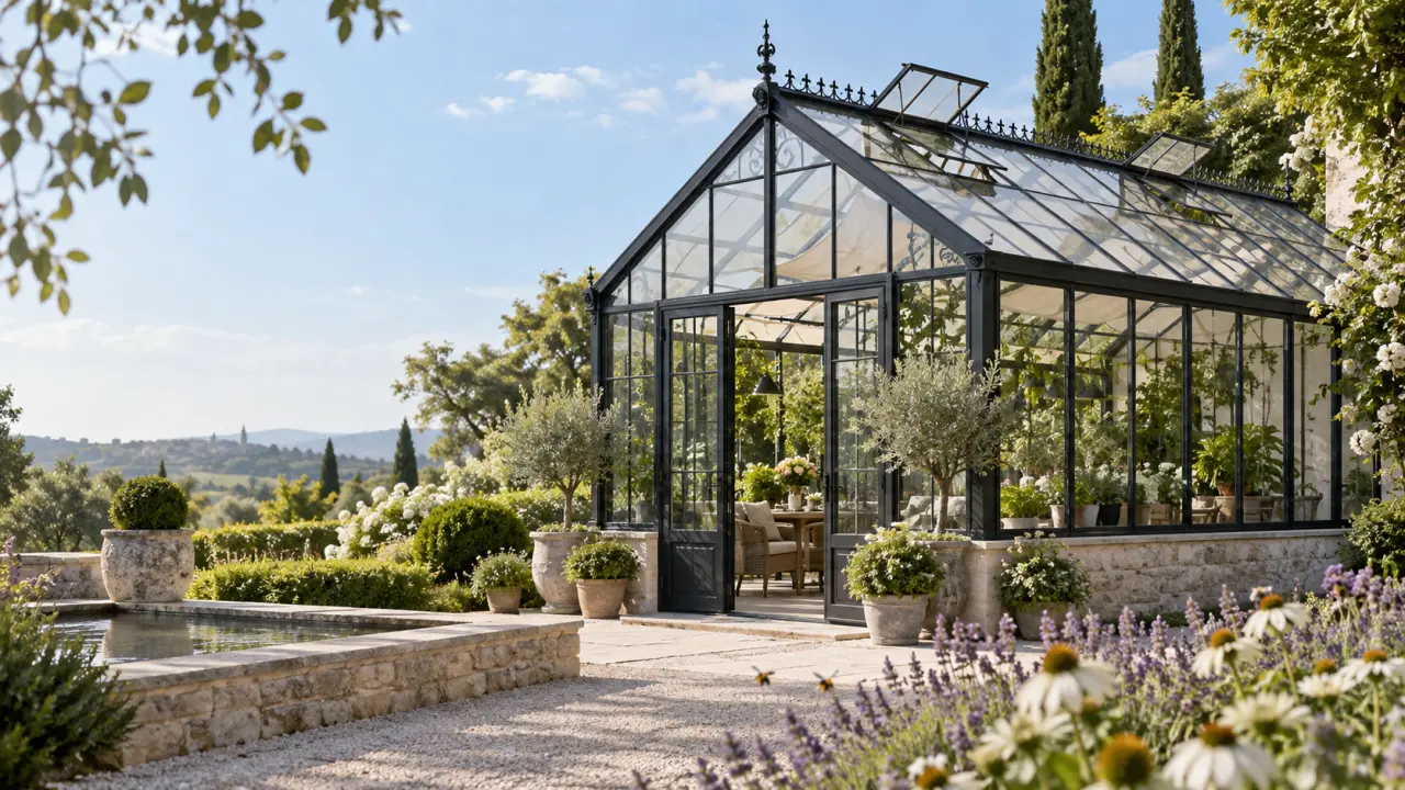 Serre en verre élégante intégrée dans un jardin luxuriant et lumineuse