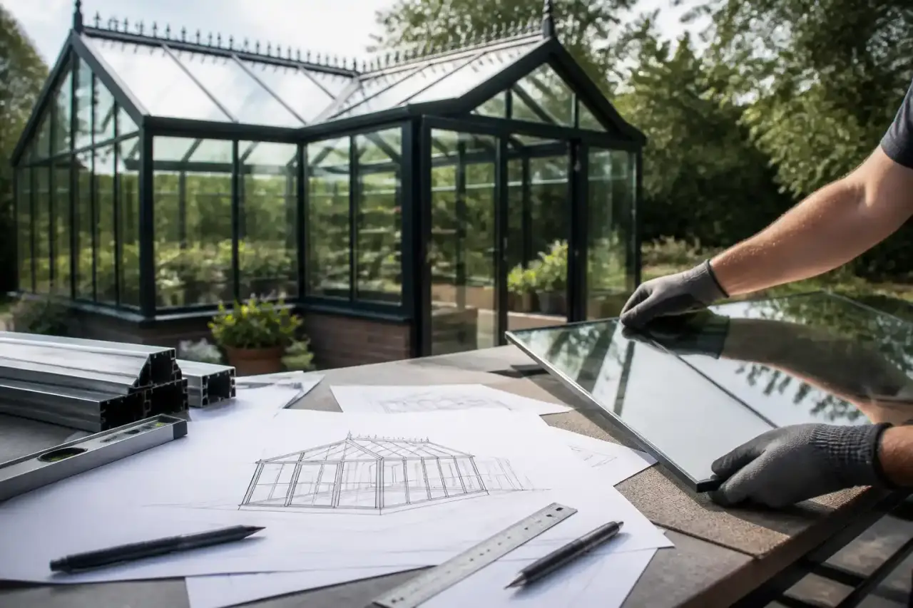 Serre en aluminium haut de gamme en cours de réalisation, avec structure élégante et pose du verre