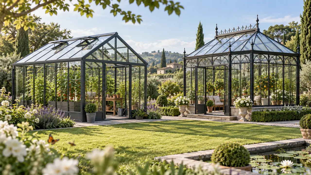 Serre élégante en aluminium et acier forgé au cœur d'un jardin paysager
