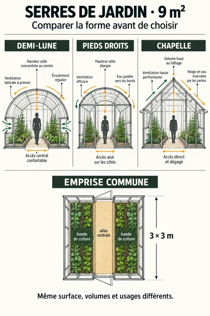 Infographie comparative d’une serre de jardin 9m2 selon sa forme, sa hauteur et ses ouvertures