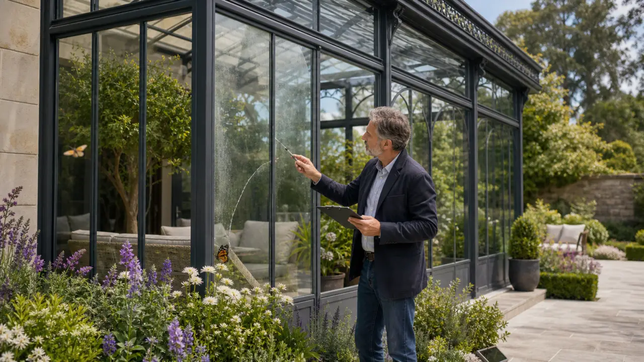 Serre d’architecte en verre dans un jardin élégant